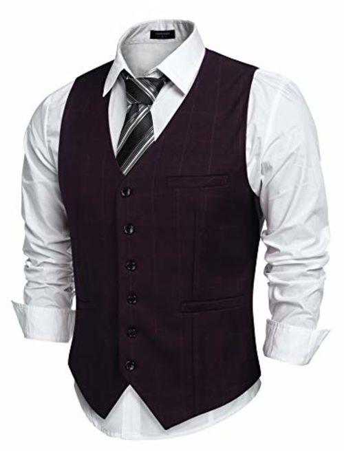 COOFANDY Men's Slim Fit Herringbone Tweed Button Suit Vest Plaid Wool Dress Waistcoat