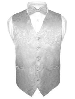 Men's Paisley Design Dress Vest & Bow Tie Silver Grey Color Bowtie Set