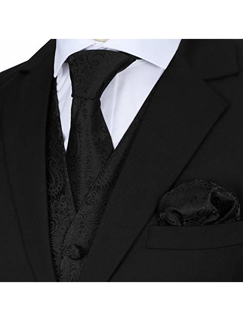 MAGE MALE Men's 3pc Paisley Vest Floral Jacquard Vest Waistcoat Necktie Pocket Square Set for Suit or Tuxedo