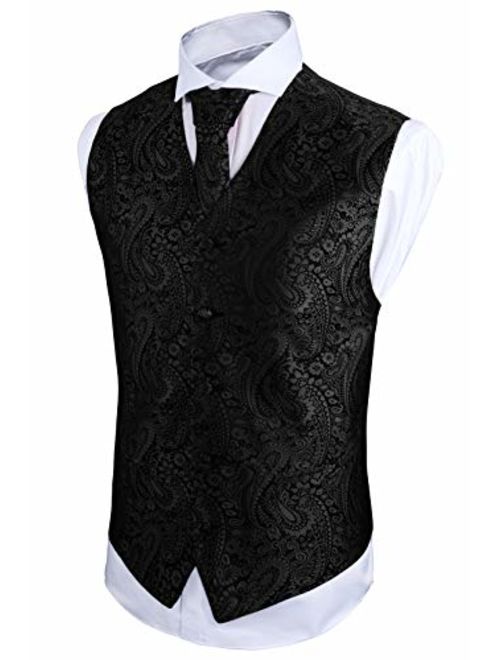 MAGE MALE Men's 3pc Paisley Vest Floral Jacquard Vest Waistcoat Necktie Pocket Square Set for Suit or Tuxedo