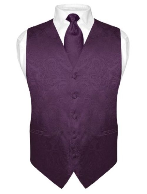 Vesuvio Napoli Men's Paisley Design Dress Vest & Necktie Dark Purple Color Neck Tie Set
