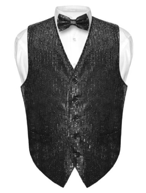 Men's Sequin Design Dress Vest & Bow Tie Black Color Bowtie Set for Suit Tux