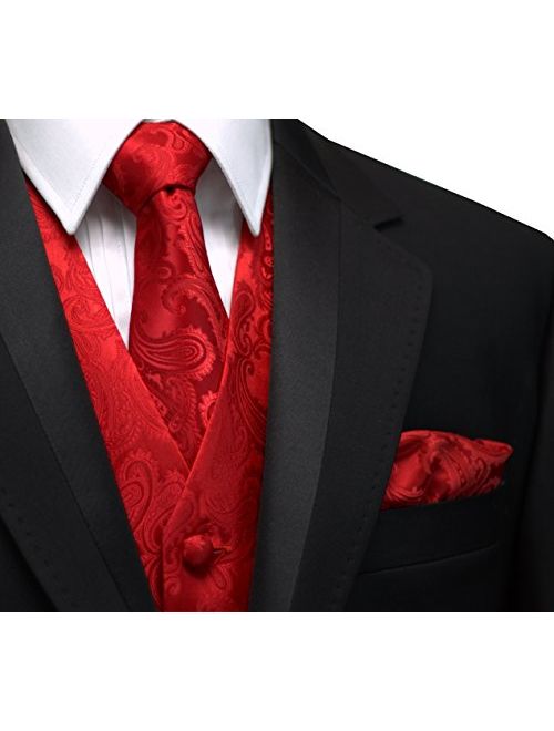 Italian Design, Men's Tuxedo Vest, Tie & Hankie Set in Red Paisley
