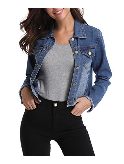 MISS MOLY Womens Cropped Denim Jacket Frayed Washed Button Up Casual Jean Jacket Vest w 2 Side Pockets