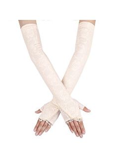JISEN Women Long Sunscreen Gloves Lace Floral Half Finger Outdoor Arm Sleeves