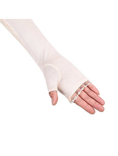 JISEN Women Long Sunscreen Gloves Lace Floral Half Finger Outdoor Arm Sleeves
