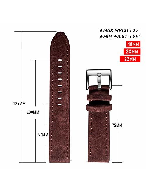 hemsut h Watch Bands Genuine Calfskin Soft Leather Watch Band with Spring bar Quick Release Watch Strap Choice of Color & Width - 18mm, 20mm,22mm
