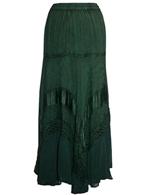Agan Traders 704 SK Women's Elastic Waistband Flare Hem Dancing Embroidered Twirl Long Renaissance Maxi Skirt