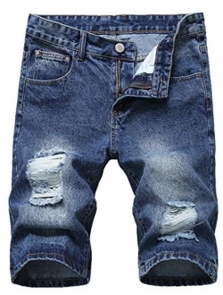 Denim Shorts for Men Summer Vintage Washed Ripped Distressed Straight Fit Knee Length Casual Jean Shorts