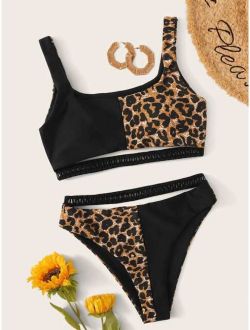 Contrast Leopard Hollow-out Trim Bikini Swimsuit