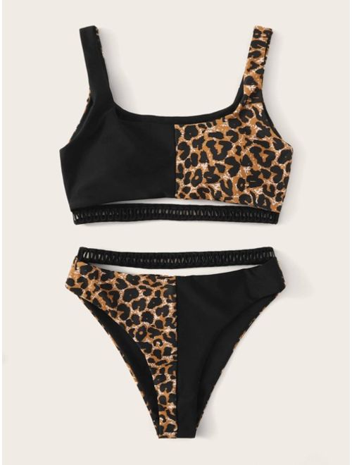 Shein Contrast Leopard Hollow-out Trim Bikini Swimsuit