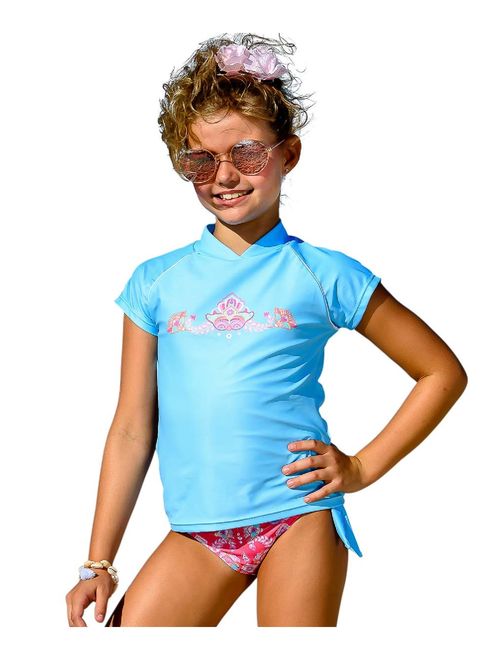 Sun Emporium Girls Coral Pink Blue Gypsy Print Rash Guard Bikini Set