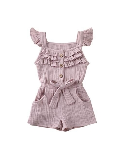Toddler Little Girl Demin Off Shoulder Ruffle Pocket Romper Jumpsuit Clothes Set