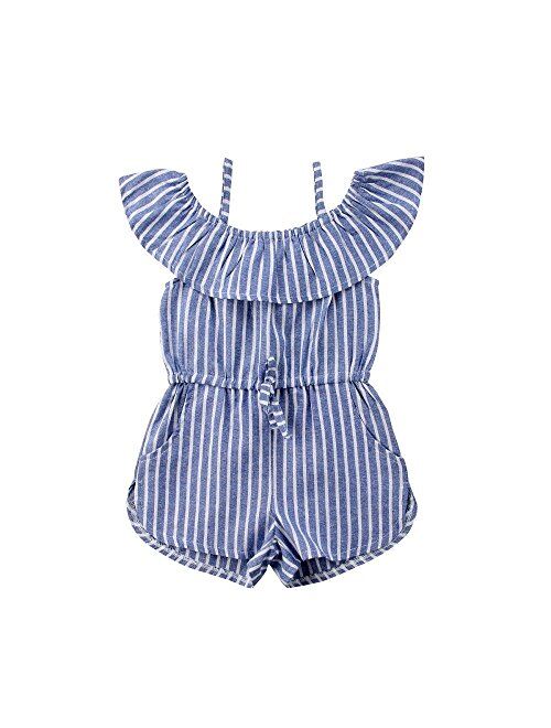 Toddler Little Girl Demin Off Shoulder Ruffle Pocket Romper Jumpsuit Clothes Set
