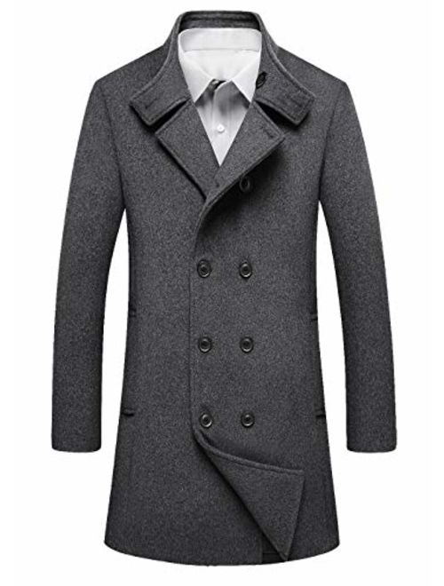 HXW.GJQ Mens Classic Wool Blend Double Breasted Long Pea Coat