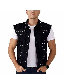 Rock Punk Denim Vest Jacket - Men's Motorcycle Jeans Waistcoat with Metal Rivets Battle Vest Big and Tall