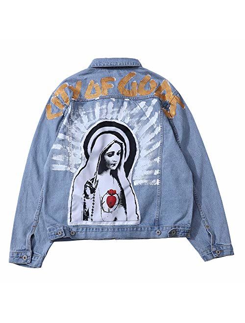 NAGRI Men's Kanye Denim Jackets Virgin Mary Jean Coat Lity of Gods Hip Pop Button Down Trucker Jacket