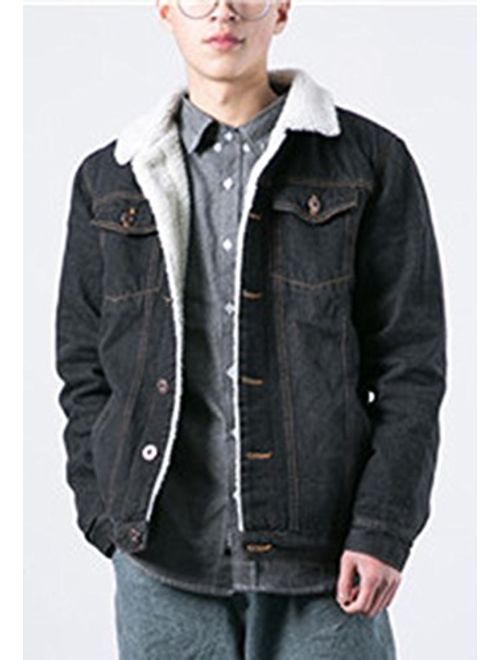 LifeHe Men's Winter Fleece Lined Fur Collar Denim Jacket Coats