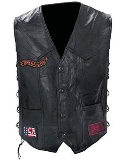 Diamond Plate Rock Design Genuine Buffalo Leather Biker Vest with Patches