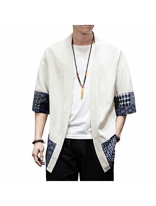 PRIJOUHE Men's Kimono Jackets Cardigan Lightweight Casual Cotton Blends Linen Seven Sleeves Open Front Coat Outwear