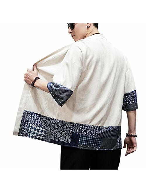 PRIJOUHE Men's Kimono Jackets Cardigan Lightweight Casual Cotton Blends Linen Seven Sleeves Open Front Coat Outwear