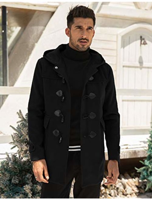 COOFANDY Mens Woollen Duffle Coat Vintage Toggle Winter Hoodie Overcoat Jacket