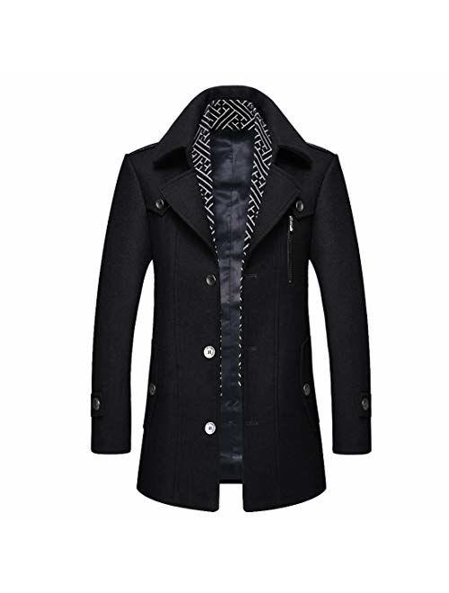 ZHPUAT Mens Wool Coat Thermal Pea Coat Winter Trench Coat with Single/Double Breasted