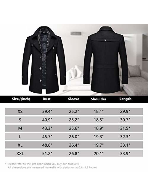 ZHPUAT Mens Wool Coat Thermal Pea Coat Winter Trench Coat with Single/Double Breasted