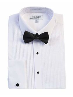 Men's Kent Lay Down Collar Tuxedo Dress Shirt with Bow Tie, White, Medium (33/34)