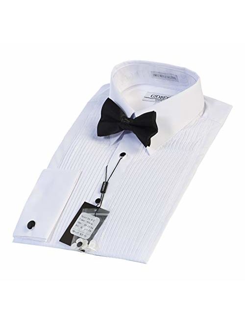Gioberti Men's Kent Lay Down Collar Tuxedo Dress Shirt with Bow Tie, White, Medium (33/34)
