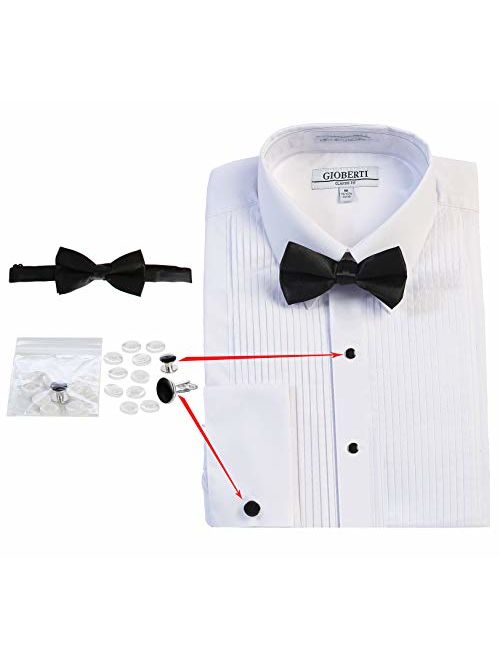 Gioberti Men's Kent Lay Down Collar Tuxedo Dress Shirt with Bow Tie, White, Medium (33/34)