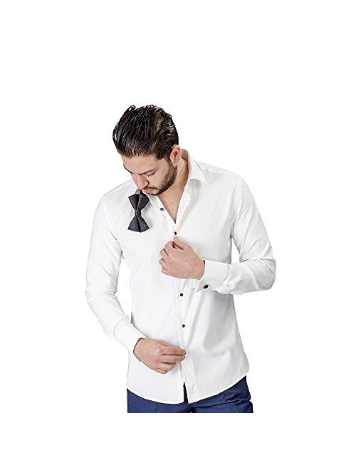 New Mens Tailored Slim Fit Off White Ivory Lay Down Tuxedo Shirt French Cuff by Azar