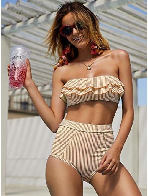 Saodimallsu Women High Waisted 2 Piece Bikini Set Bandeau Ruffle Swimsuit Top Mini Striped Printed Bathing Suits