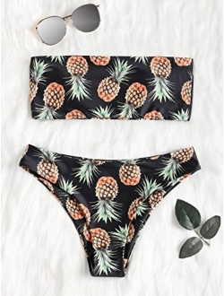 Women's Strapless Pineapple Print High Cut Bandeau Bikini Set