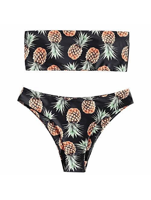 ZAFUL Women's Strapless Pineapple Print High Cut Bandeau Bikini Set