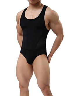 TESOON Men's Sport Bodysuit Mesh Jumpsuits Leotard Wrestling Singlet