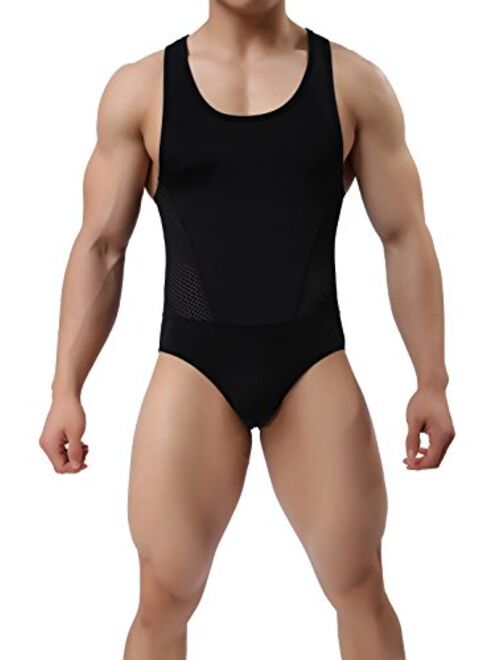 TESOON Men's Sport Bodysuit Mesh Jumpsuits Leotard Wrestling Singlet