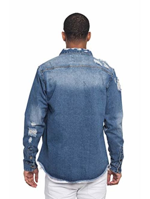 Victorious Men's Long Sleeve Button Up Denim Shirt Jacket DK158 - Indigo - Large