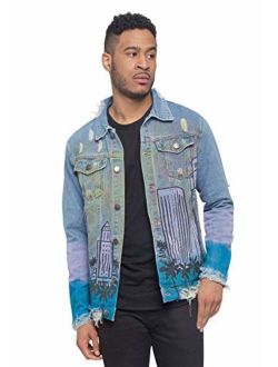 Victorious Men's Casual Distressed Airbrush City Denim Jean Jacket DK164 - Day - 4X-Large - J7F