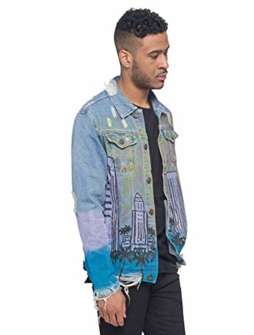 Victorious Men's Casual Distressed Airbrush City Denim Jean Jacket DK164 - Day - 4X-Large - J7F