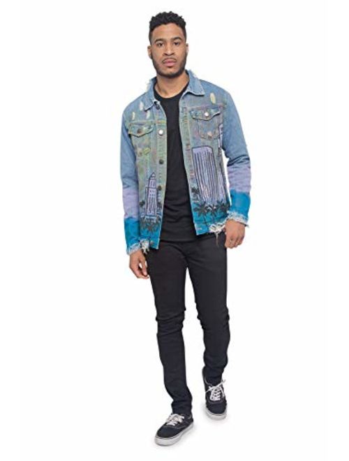 Victorious Men's Casual Distressed Airbrush City Denim Jean Jacket DK164 - Day - 4X-Large - J7F