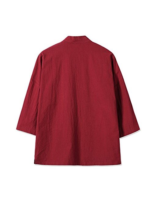 HZCX FASHION Men's Cotton Blends Linen Open Front Cardigan Kimono Jackets