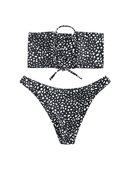 ZAFUL Womens Bathing Suit Adjustable Back Lace-up Bandeau Bikini Set