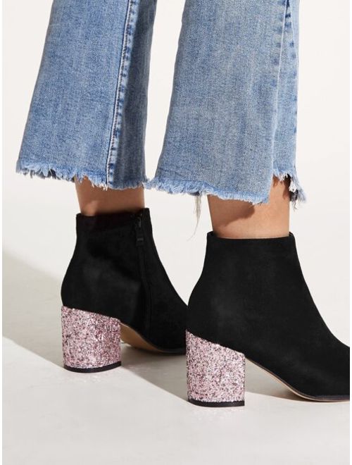 Glitter Detail Black Suede Side Zip Chunky High Heel Boots
