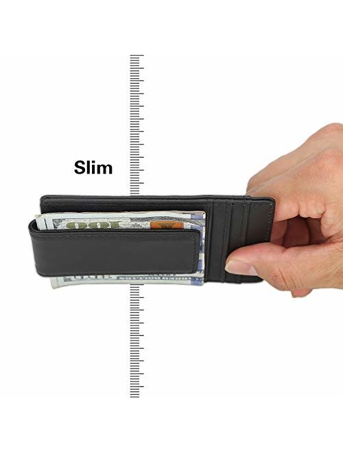 Polare Men's RFID Blocking Full Grain Leather Magnetic Front Pocket Money Clip Powerful Magnets Slim Wallet