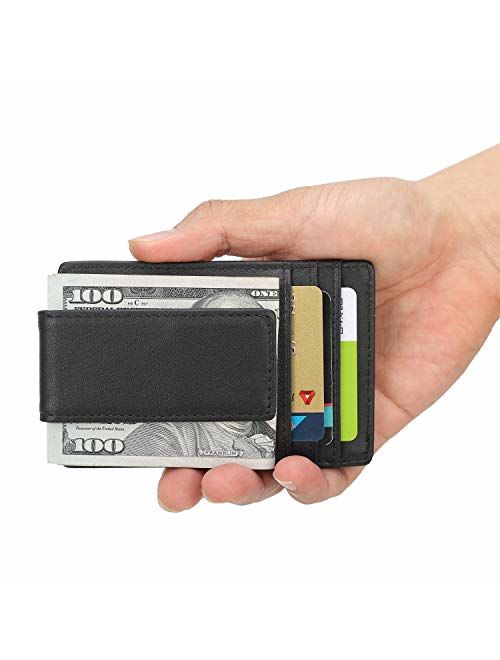 Polare Men's RFID Blocking Full Grain Leather Magnetic Front Pocket Money Clip Powerful Magnets Slim Wallet