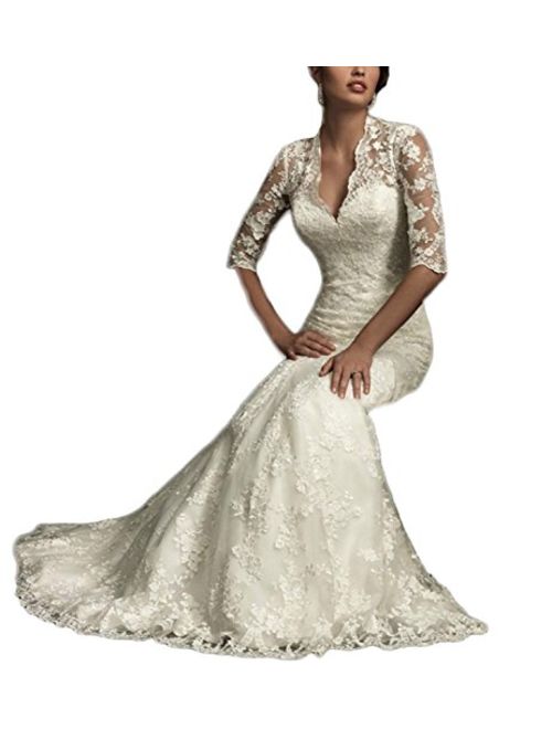 Ellenhouse Women's Lace Long Vintage Style Bridal Wedding Dress 8 Beige With Sleeves