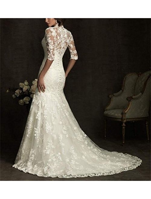 Ellenhouse Women's Lace Long Vintage Style Bridal Wedding Dress 8 Beige With Sleeves