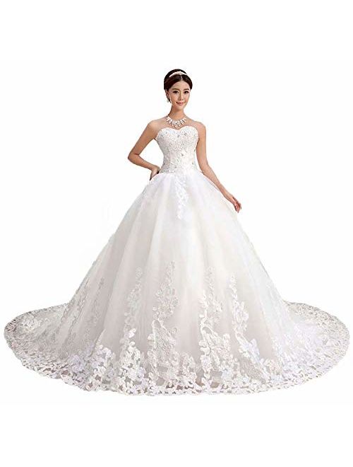 QueenBridal Gorgeous Sweetheart Lace Chapel Train Ball Gown Wedding Dress for Bride