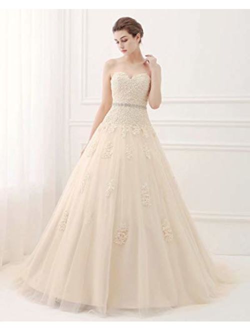 ScelleBridal Sweetheart Strapless A-line Lace Appliques Wedding Dresses for Bride